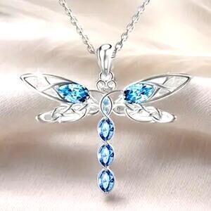 925 Sterling Silver Necklace w/ Dragonfly CZ Blue Aquamarine Women's Boho Gift